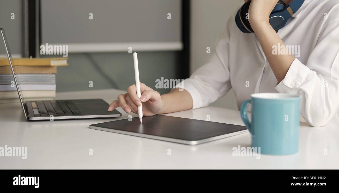 Close up of woman student busy studying using laptop make notes in notebook while write watching webinar or online training course on computer Stock Photo