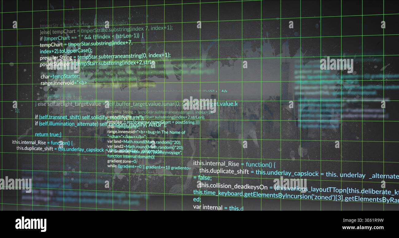 Displaying bright green grid overlay over technical screen, showing monospaced code blocks Stock Photo