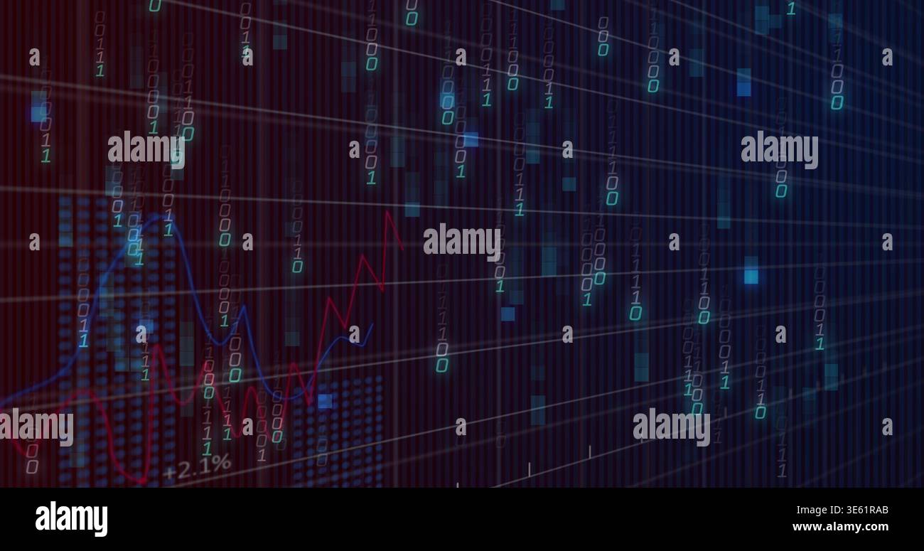 Displaying digital dashboard on dark screen, showing falling binary digits, red or blue graphs Stock Photo