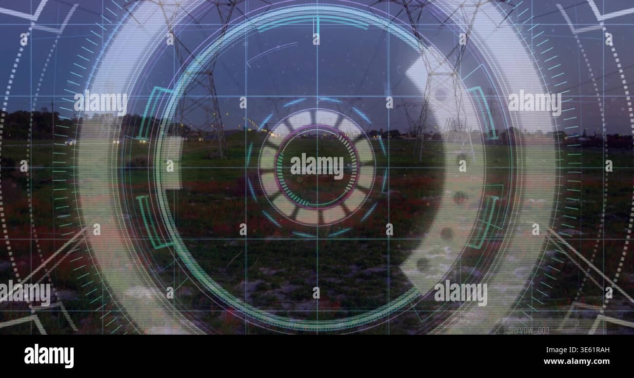 Utility Overlay Displaying circular HUD overlay hovering at utility corridor dusk, with ...