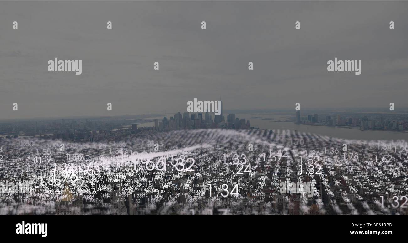 Hovering translucent data mesh undulating over urban harbor skyline, showing white numeric figures Stock Photo