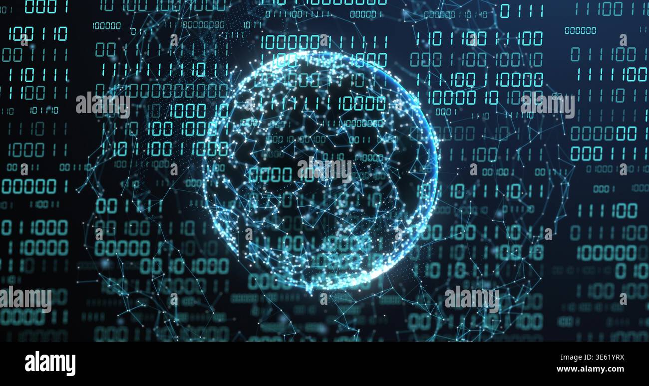 Rotating wireframe globe glowing with nodes and lines in virtual cyberspace, streaming binary code Stock Photo