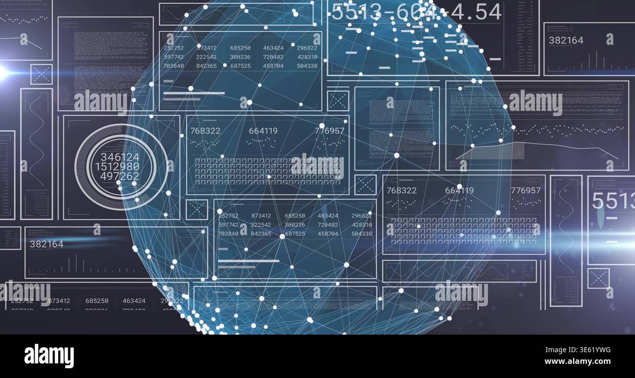 Displaying transparent blue spherical network on virtual dashboard, with data panels and target Stock Photo