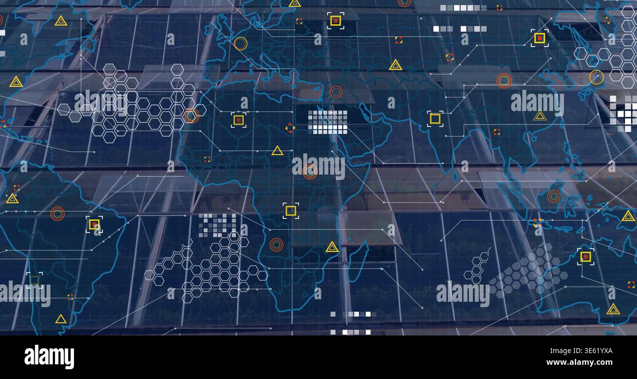 Displaying global map overlay on console, showing hex grid, warning triangles, glass reflection Stock Photo