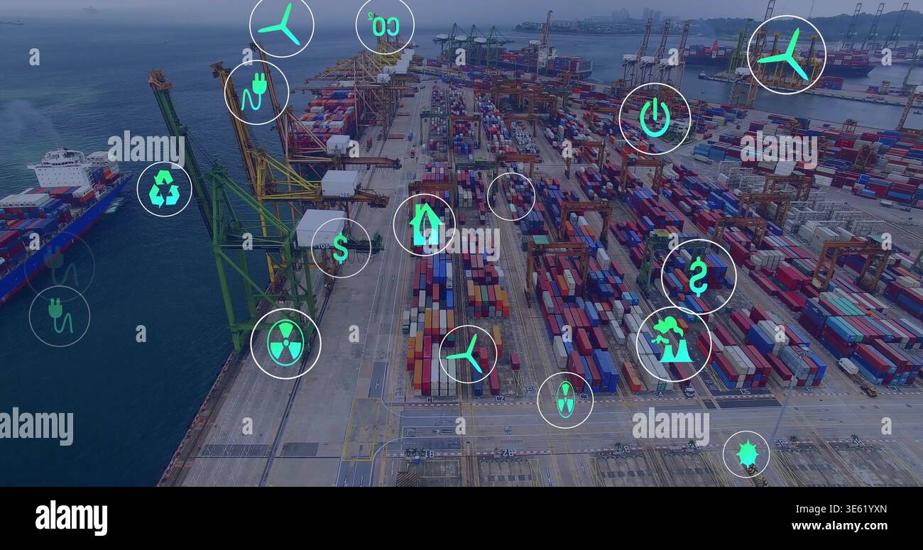 Showing aerial container port with gantry cranes, stacked containers ...