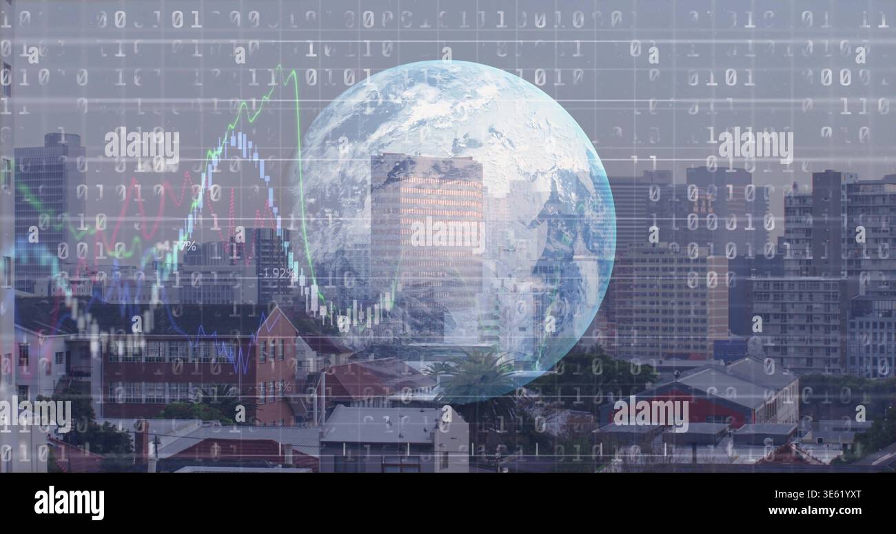 Displaying faint Earth globe blending with towers over roofs, showing binary code, grid, charts Stock Photo