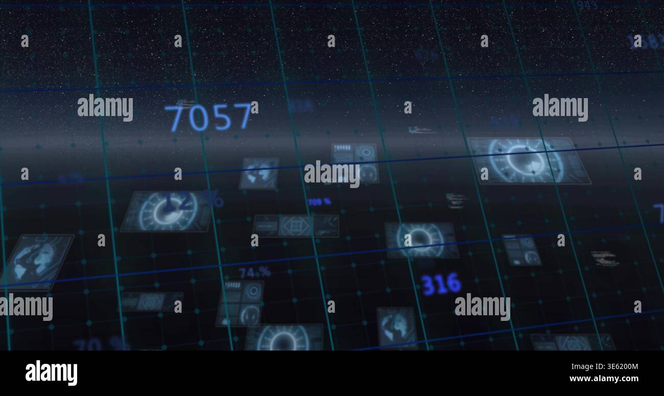 Displaying holographic data grid hovering in control interface, showing teal grid, panels, gauges Stock Photo