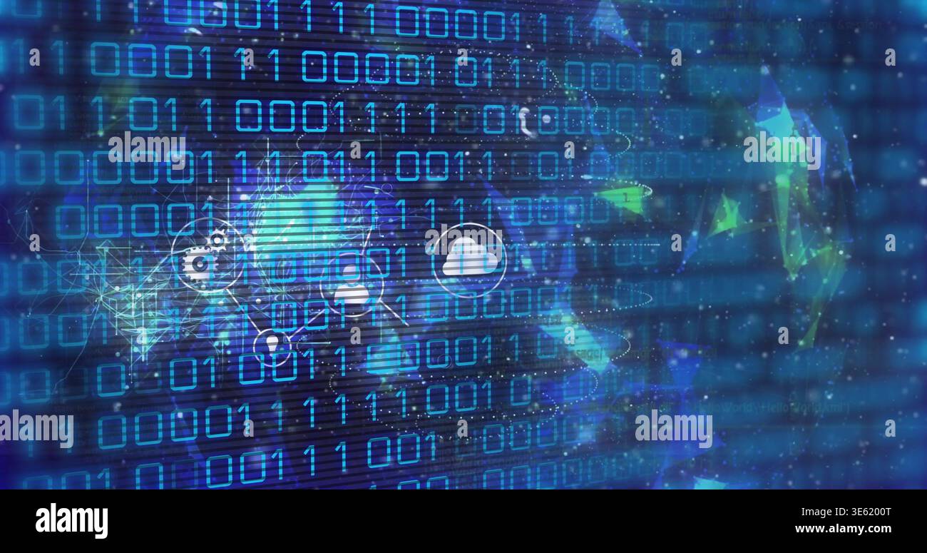 Displaying binary matrix pulsing in digital cyberspace, showing cloud icon, gear, polygonal head Stock Photo