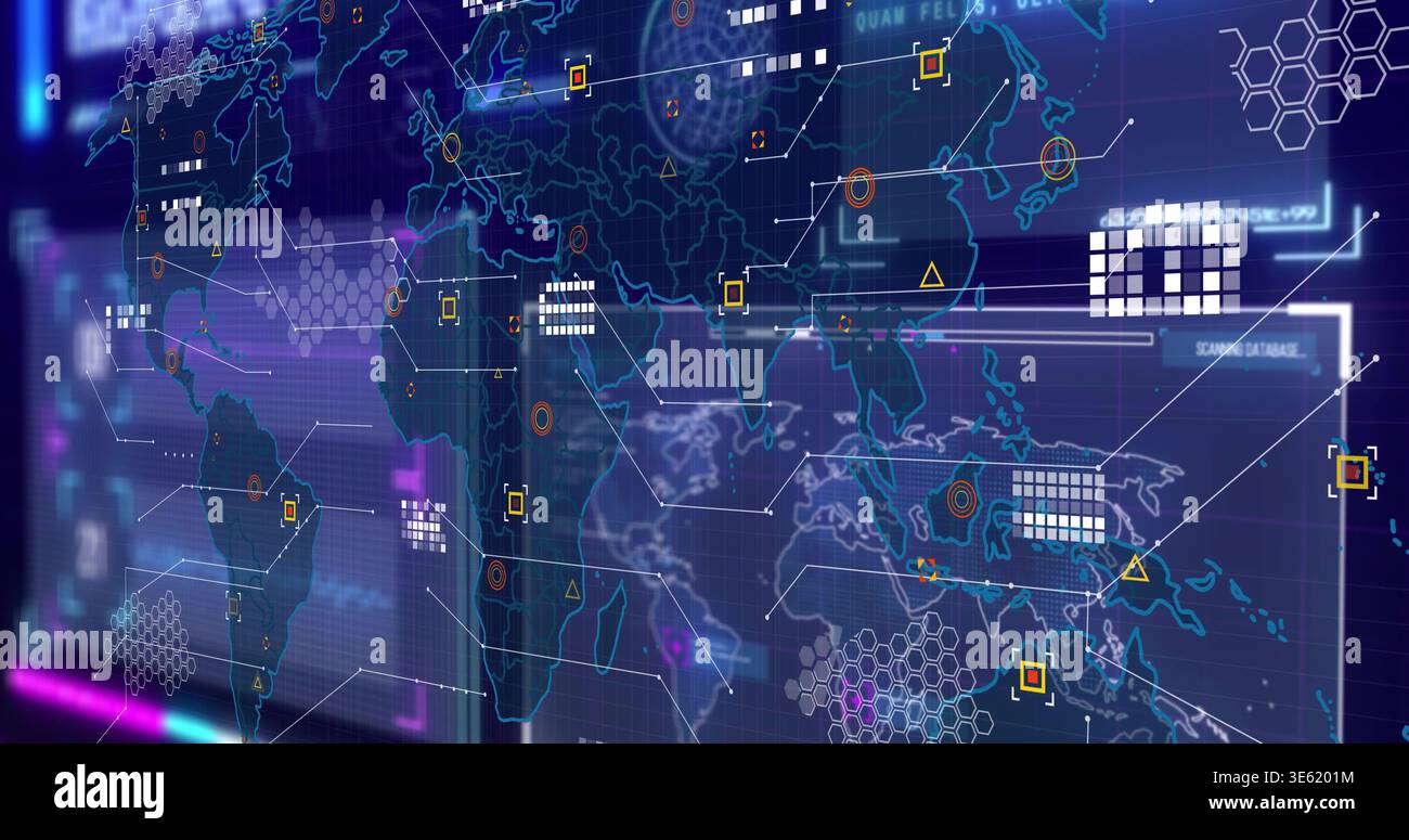 Projecting translucent global map display on control console, showing floating panels, links, nodes Stock Photo
