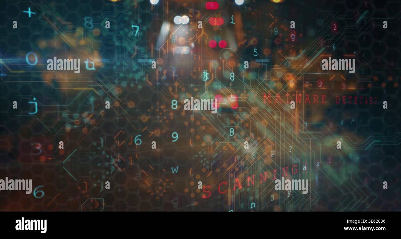 Displaying layered network visual in virtual UI showing hex grid, nodes, digits, SCANNING alert Stock Photo