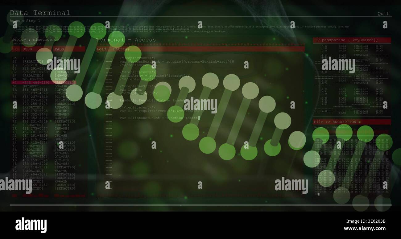 Displaying translucent green DNA helix across terminal UI with code panels, Data Terminal, red bars Stock Photo