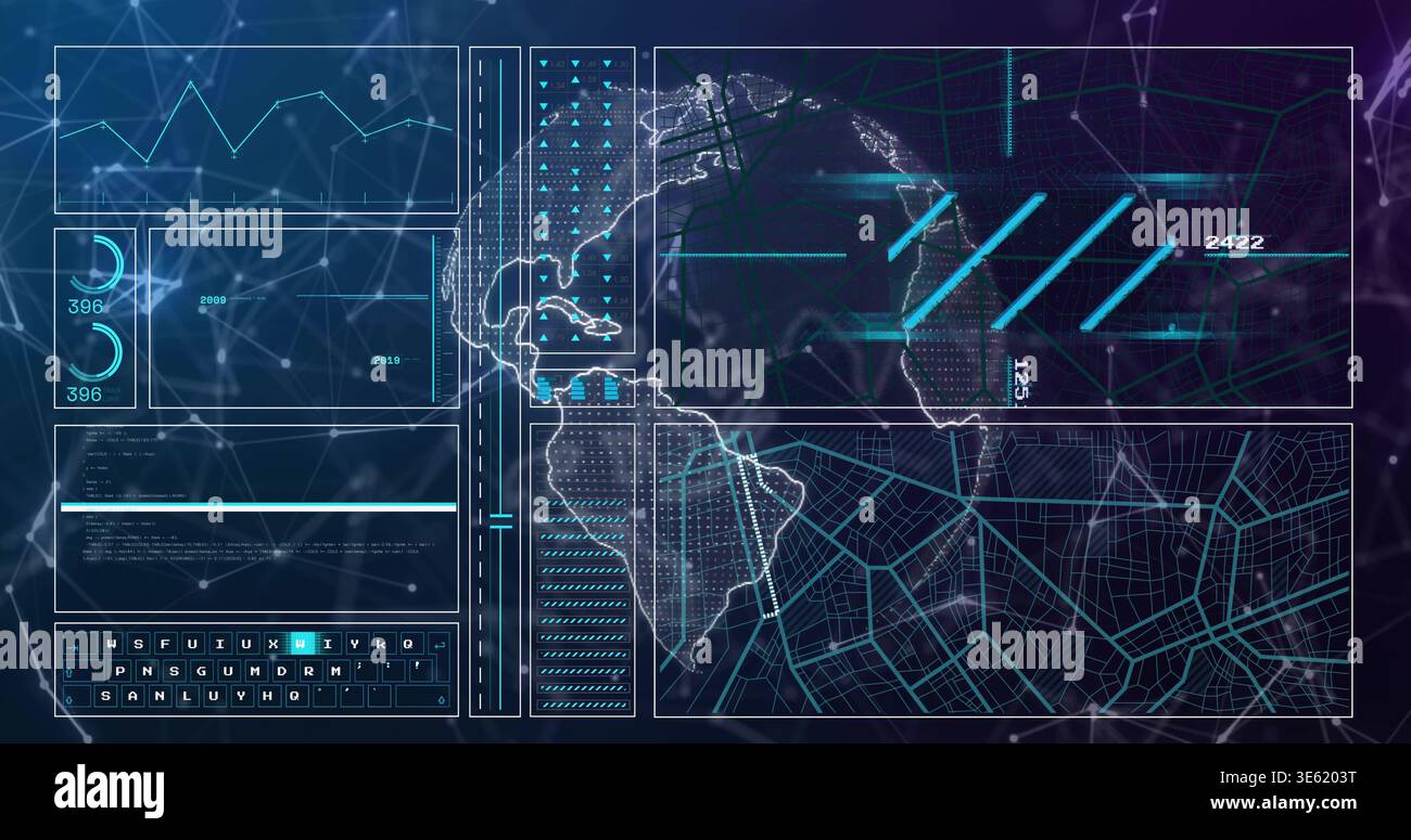 Displaying data dashboard on dark network background, showing Americas map, gauges and wireframe Stock Photo