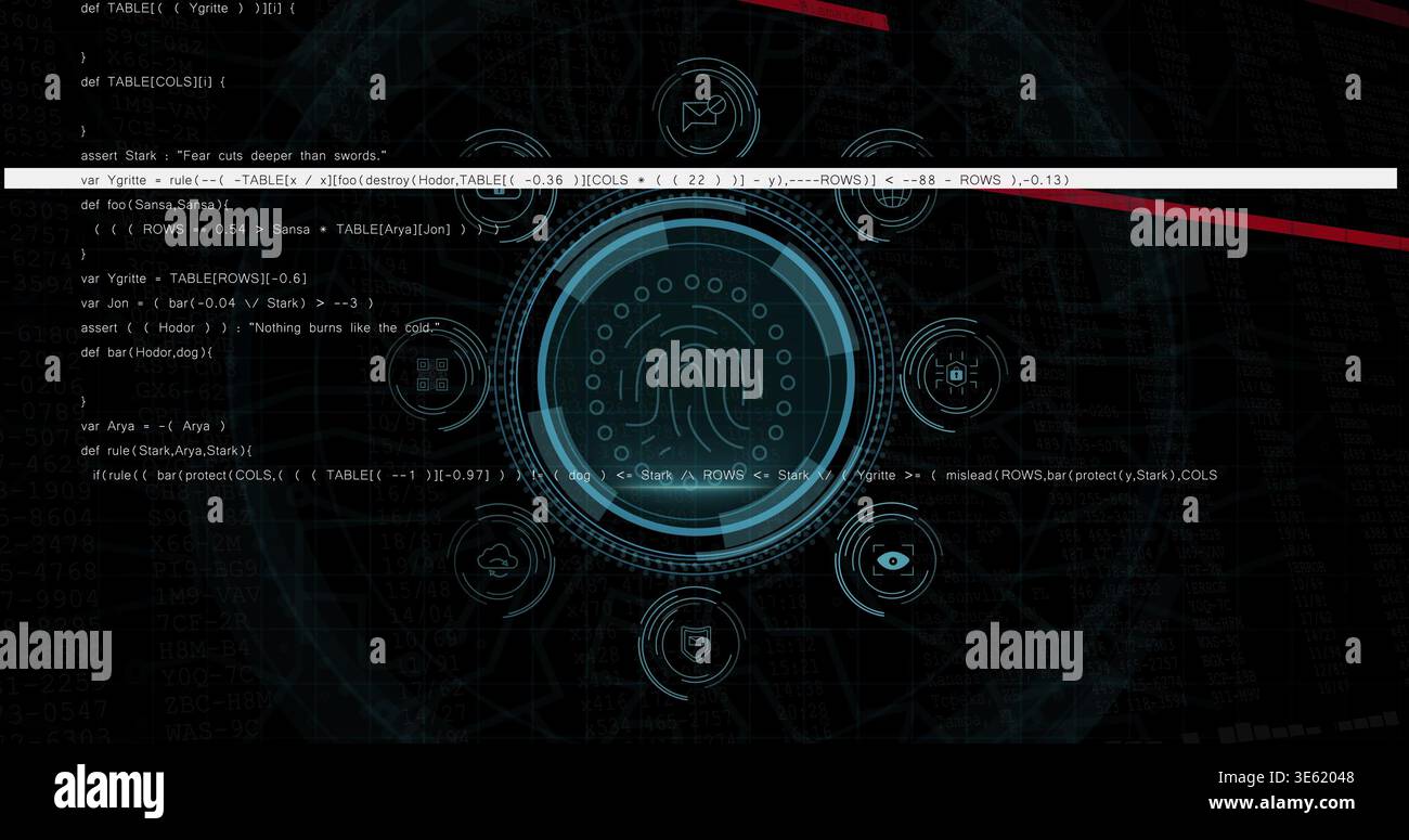Displaying central fingerprint HUD scanning on digital console, with UI icons and code Stock Photo