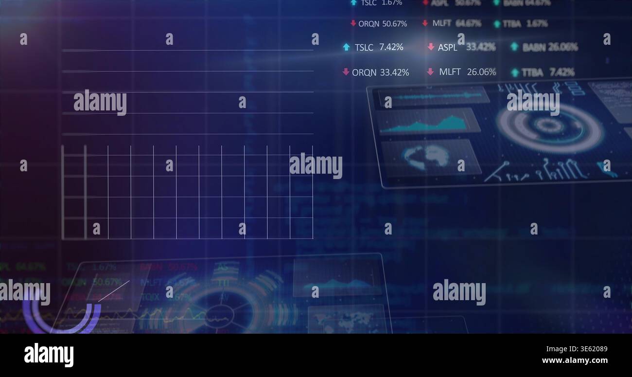 Displaying translucent grid panel on left, showing floating HUD panels, radial chart, map, tickers Stock Photo