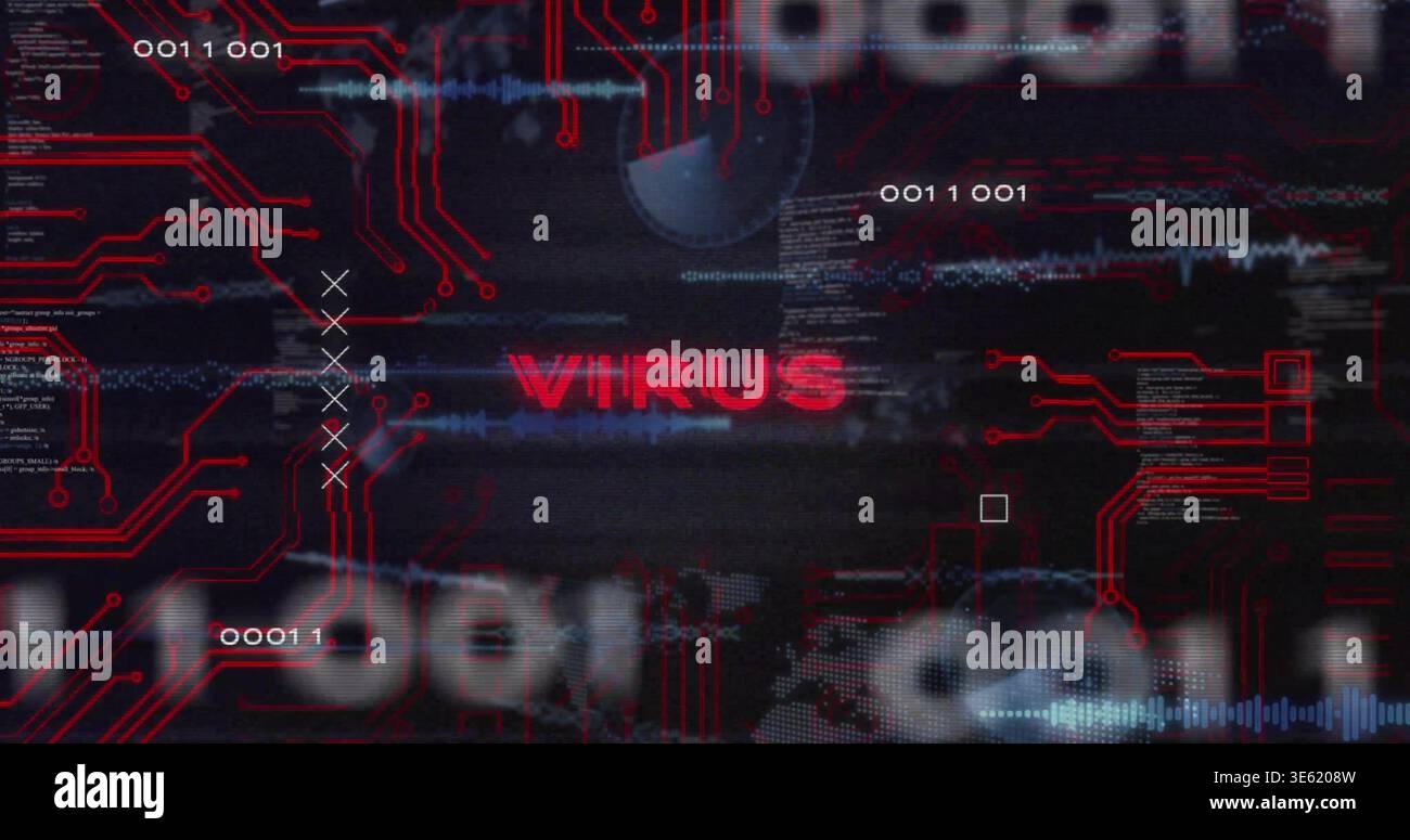 Displaying red VIRUS label glitching on cyber UI with circuit traces, code, binary and markers Stock Photo