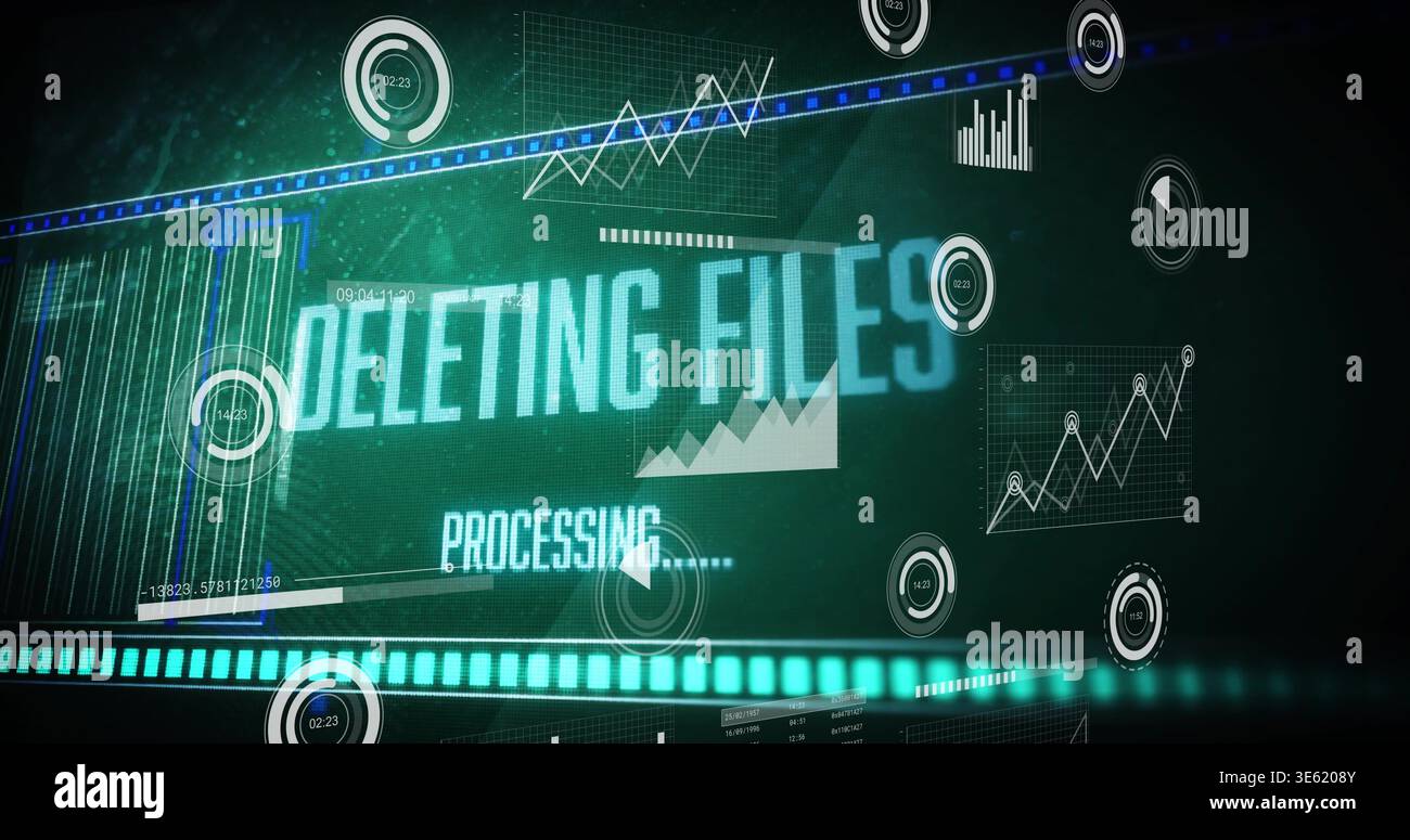 Displaying teal HUD showing DELETING FILES, PROCESSING label on screen, with progress bar and dials Stock Photo