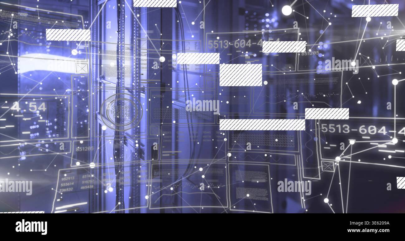 Server Racks Ui Projecting holographic UI overlaying central server rack and cables at ...