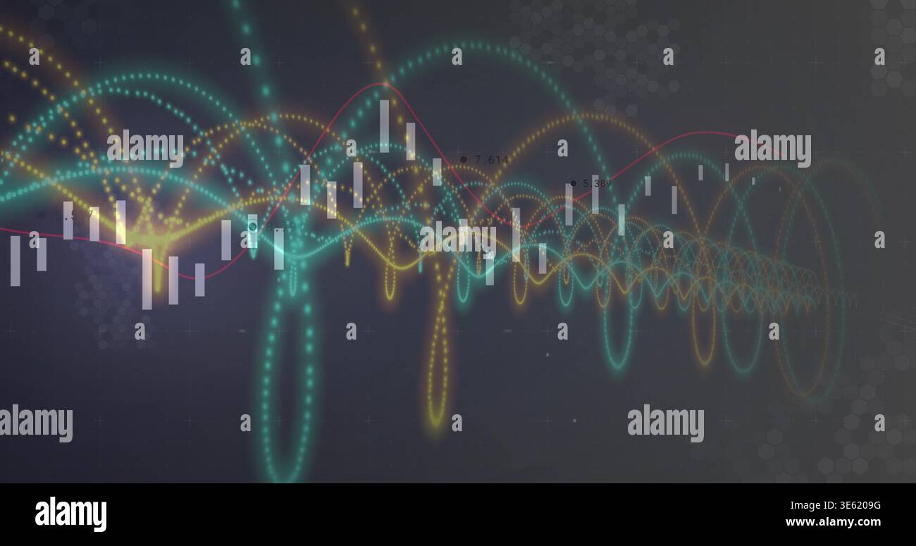 Displaying digital chart moving on dark gradient screen, with candlesticks, dotted waves, red trend Stock Photo