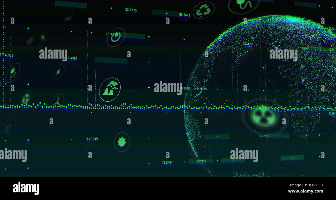 Displaying pixelated globe on right dashboard, streaming waveform and floating icons, copy space Stock Photo