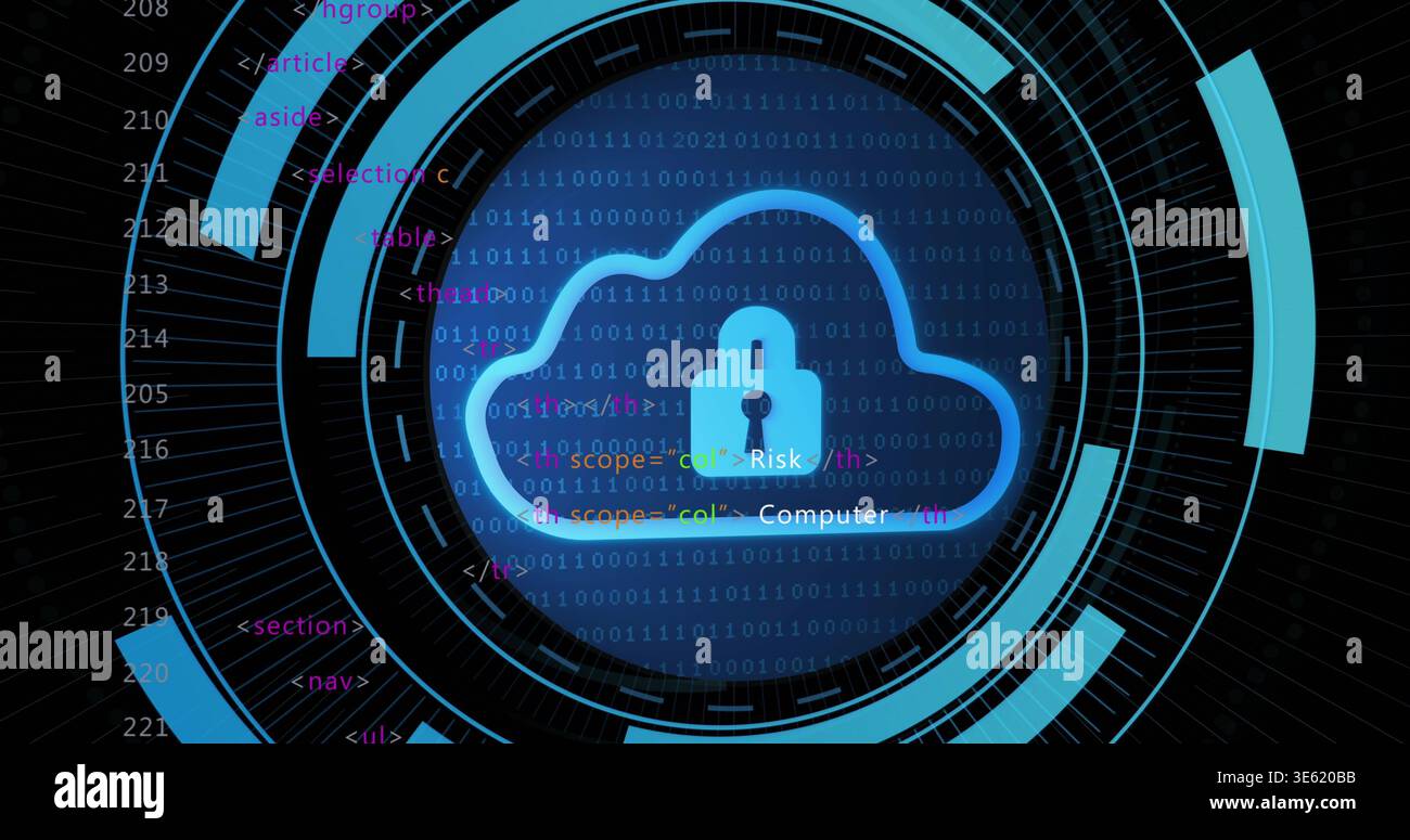 Pulsing cloud icon glowing over circular security HUD at control panel, with padlock, binary, code Stock Photo