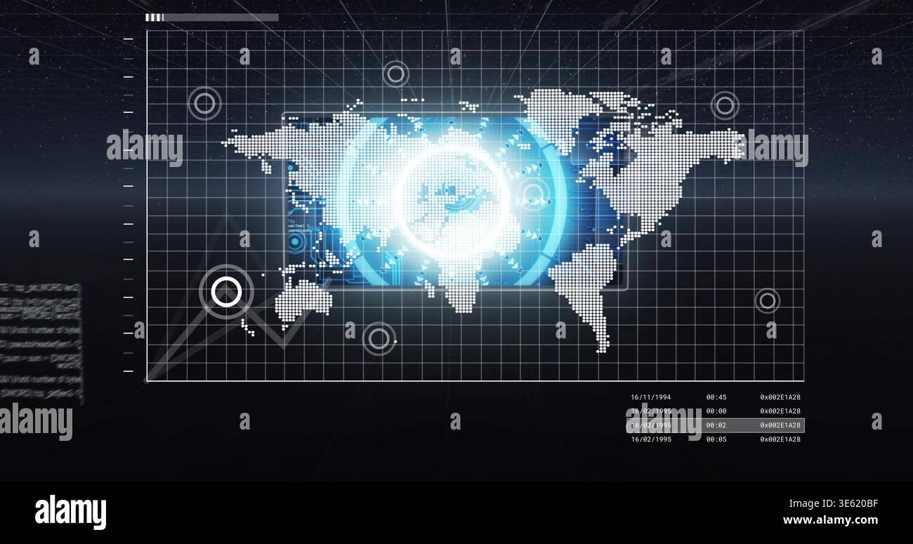 Displaying dotted world map with glowing circular HUD on virtual ...
