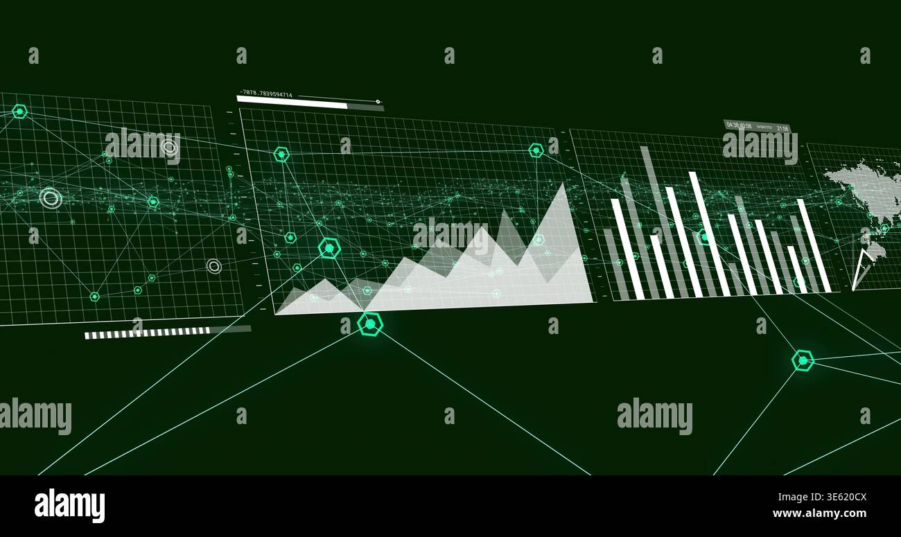 Visualizing three translucent panels floating on dark green dashboard, showing hexagonal markers Stock Photo