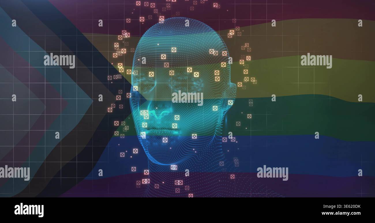 Displaying cyan wireframe head centered on rainbow flag backdrop, left chevron, grid, markers Stock Photo