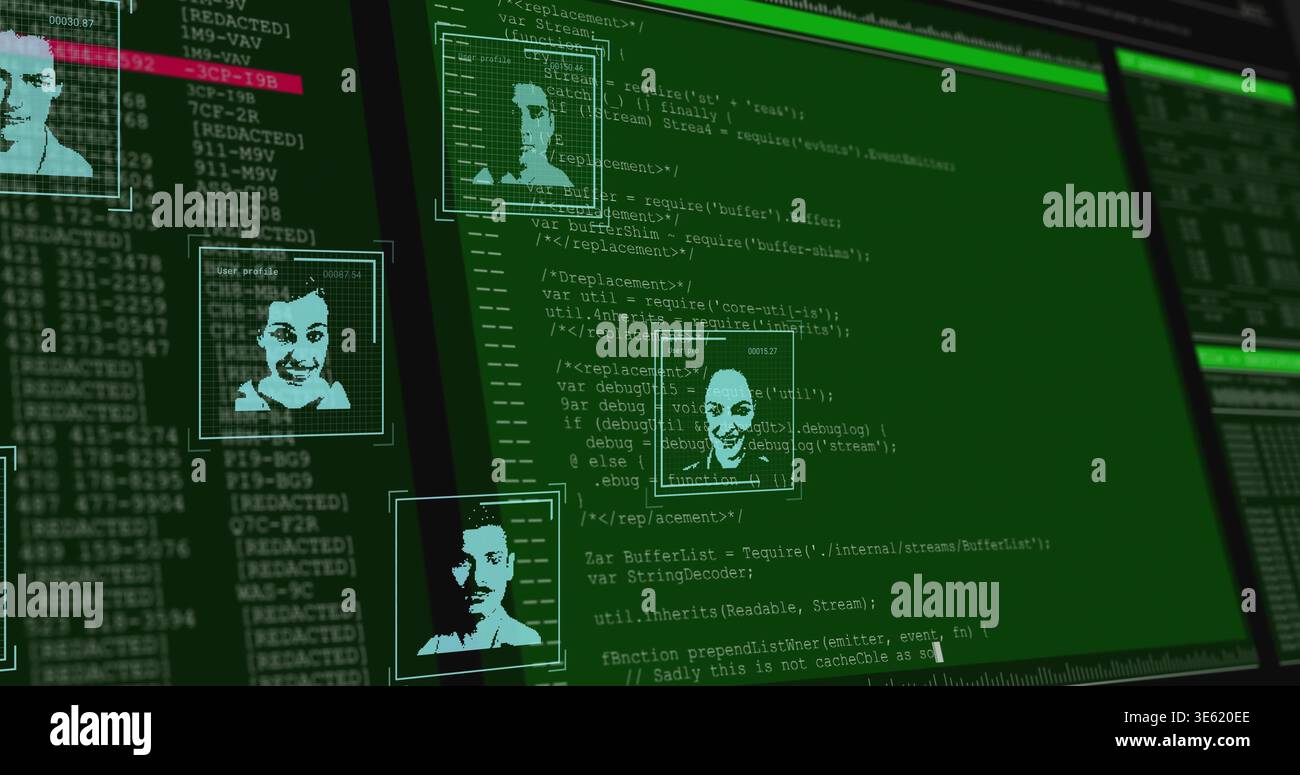 Displaying terminal on computer monitor showing green code with facial ...