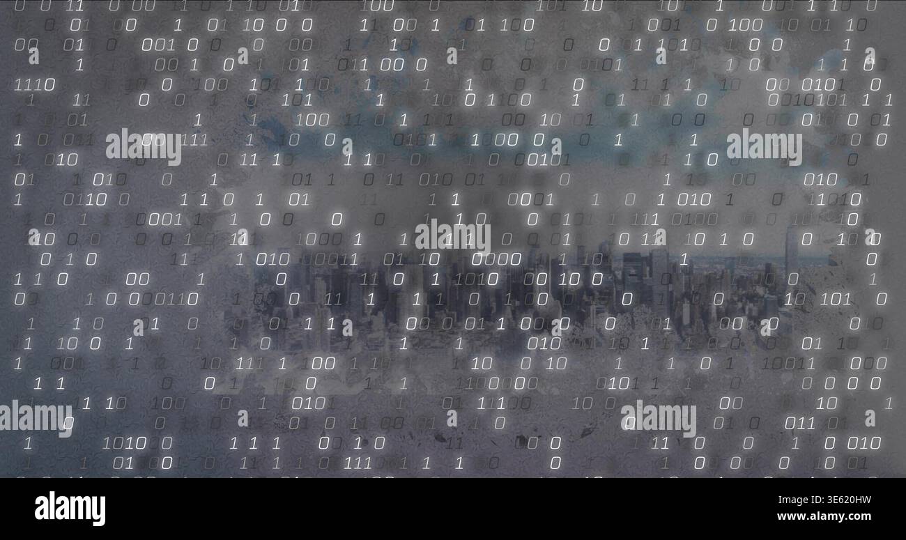 Hovering semi-transparent human face blending over city skyline, with vertical binary digits Stock Photo