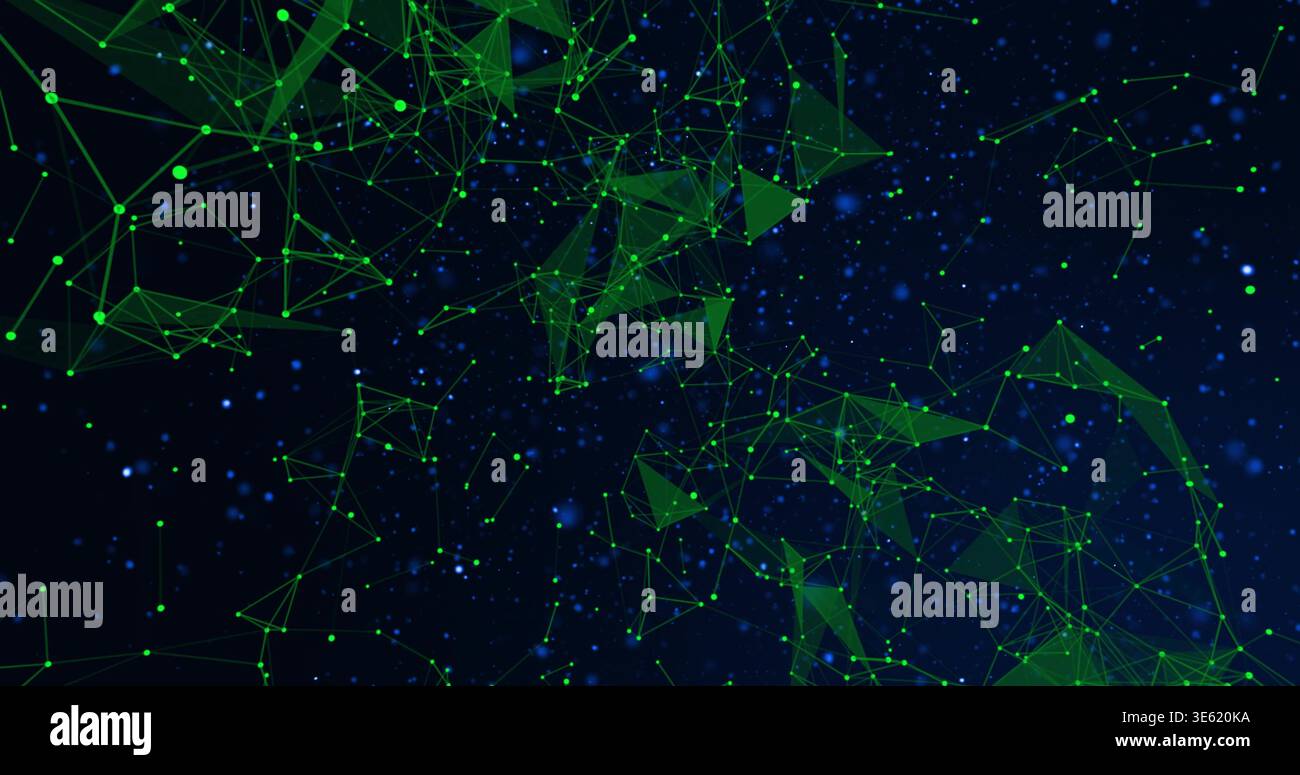 Floating neon green node-and-line mesh forming triangular faces in deep-space field with blue dots Stock Photo