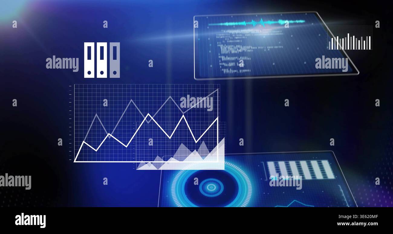 Displaying hologram data panel showing zigzag line plus filled area on digital dashboard, radar Stock Photo