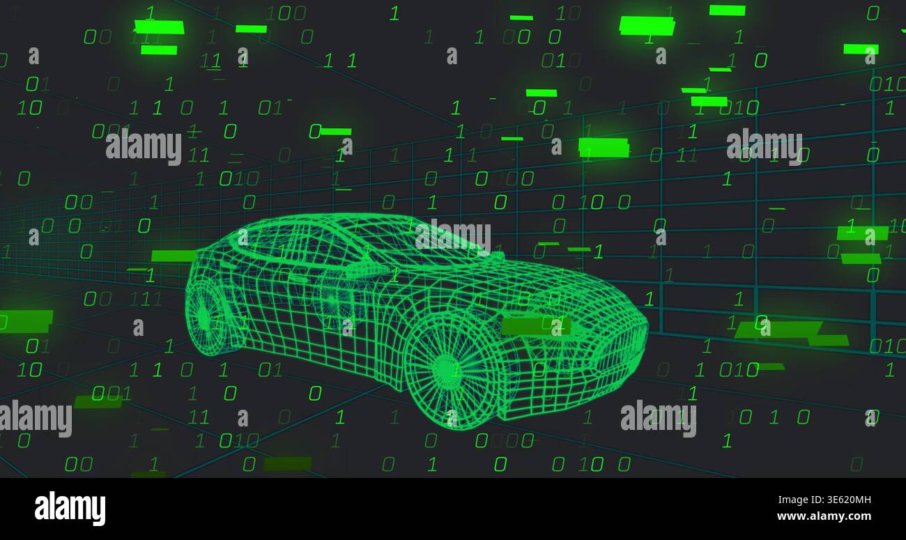 Displaying neon-green wireframe sedan model rotating in virtual lab, with binary digits floating Stock Photo