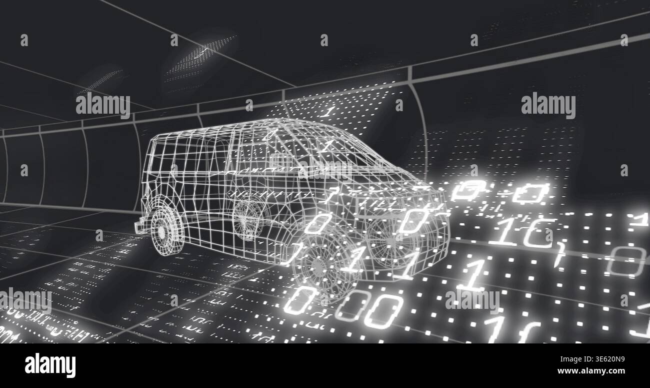 Displaying 3D wireframe van model hovering in virtual chamber above grid, with binary overlays Stock Photo