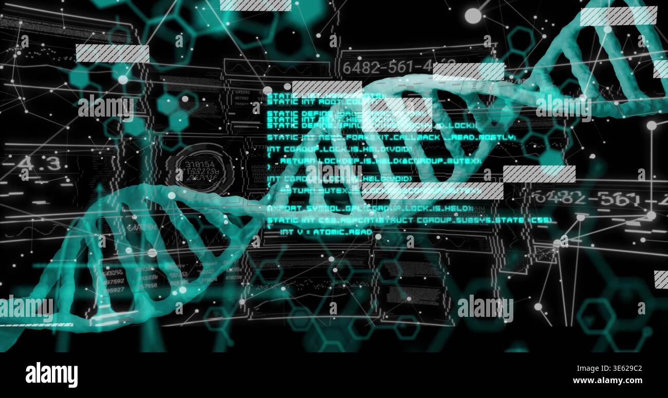 Rotating DNA double helix moving across virtual genomic analysis display, with floating code panels Stock Photo