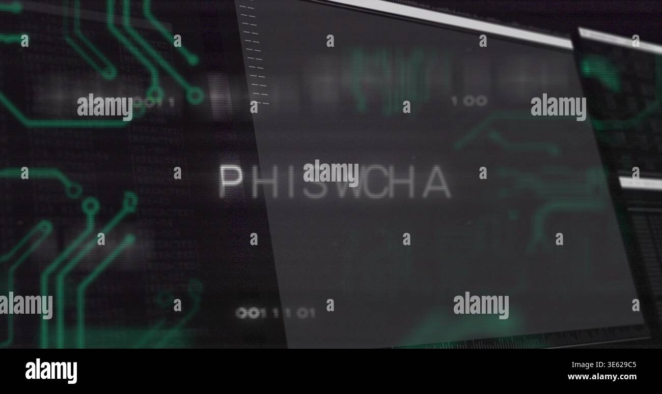Displaying central translucent overlay showing PHISWCHA text at security desk, with circuit code Stock Photo