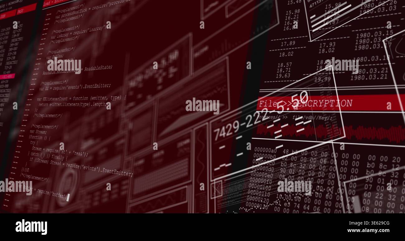 Displaying layered interface in security console, showing monospaced code, ENCRYPTION, waveform Stock Photo