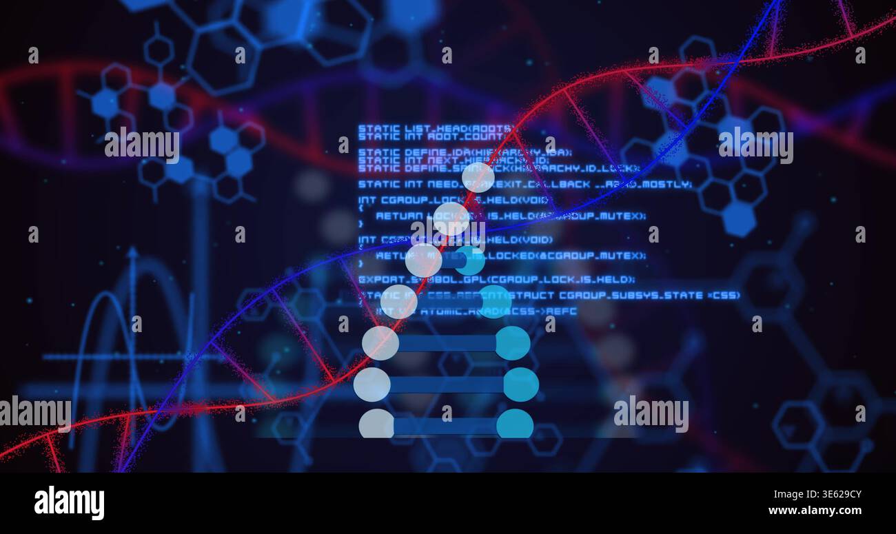 Displaying central ladder molecular graphic glowing in abstract bio visualization, with helix code Stock Photo