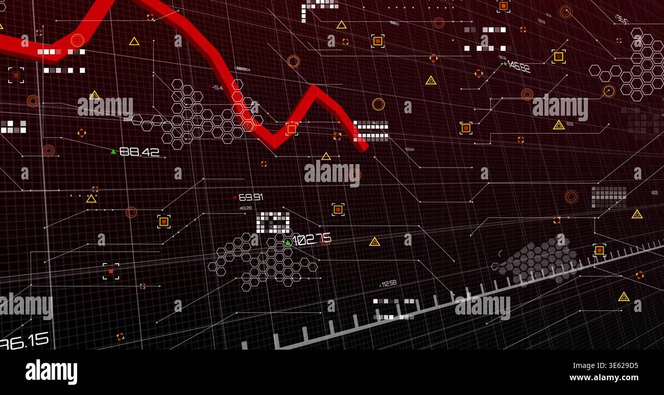 Displaying thick red trend line cutting across virtual dashboard, showing grid, numeric readouts Stock Photo