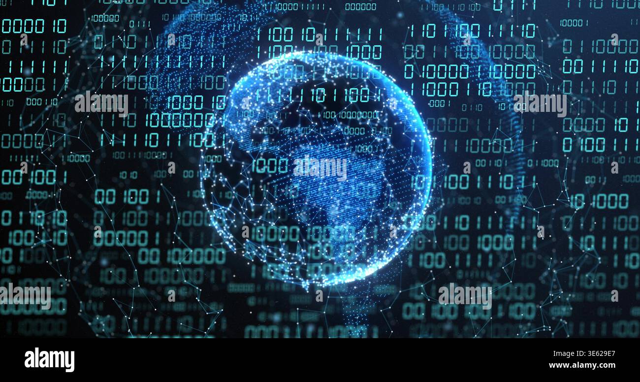 Rotating glowing 3D digital globe pulsing within digital space, with binary streams and mesh Stock Photo