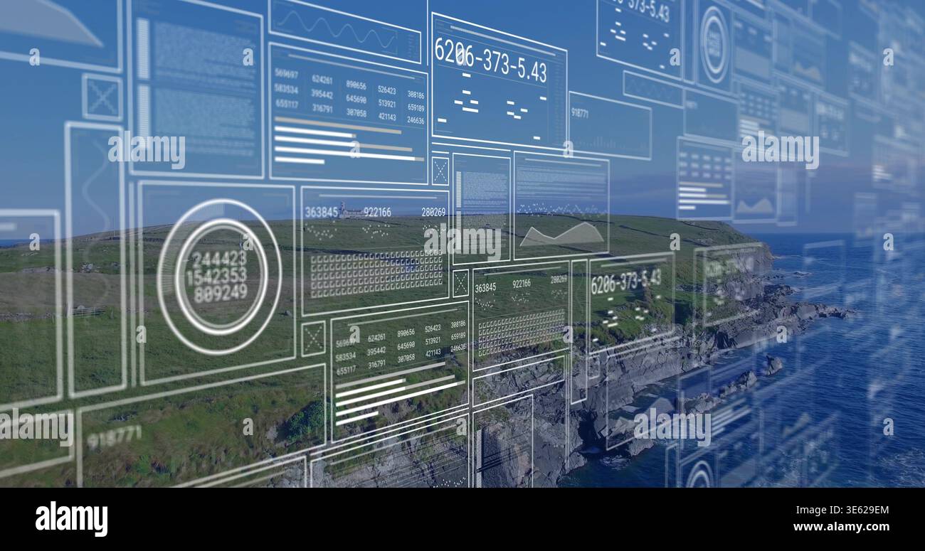 Displaying translucent data panels and graphs over coastal cliffs, showing numeric readouts Stock Photo