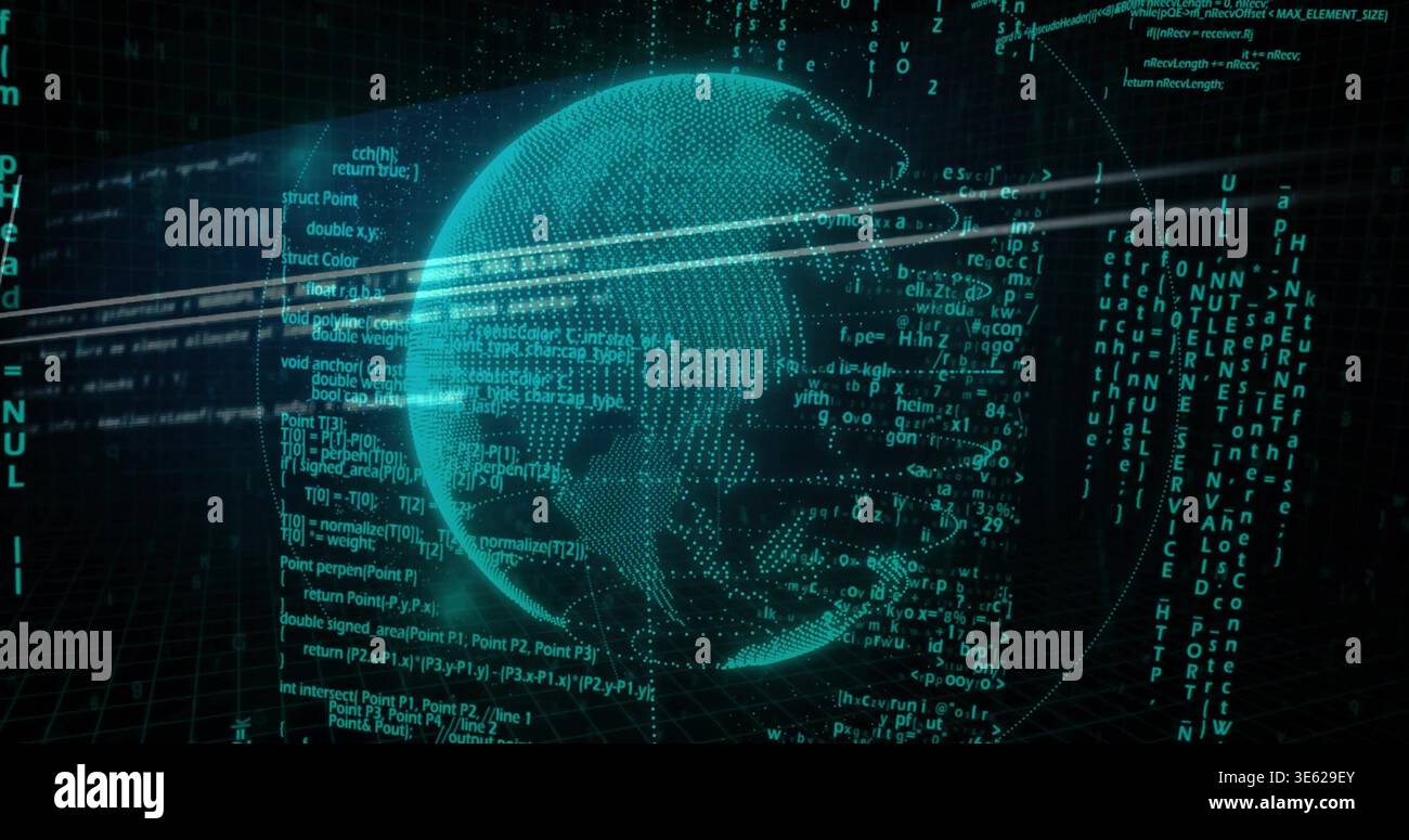 Floating holographic globe rotating in virtual 3D data space, showing orbital rings and code Stock Photo