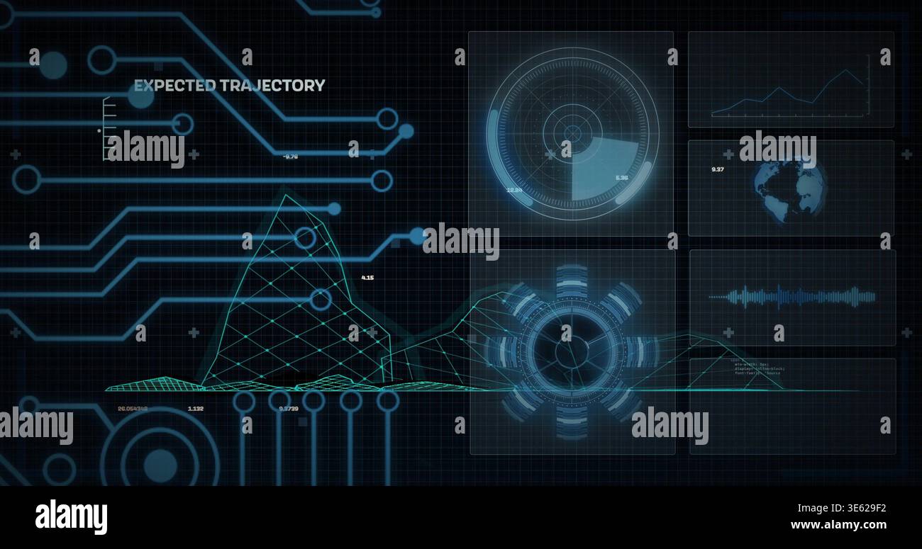 Displaying 3D wireframe terrain mesh plotting expected trajectory on control display with radar Stock Photo