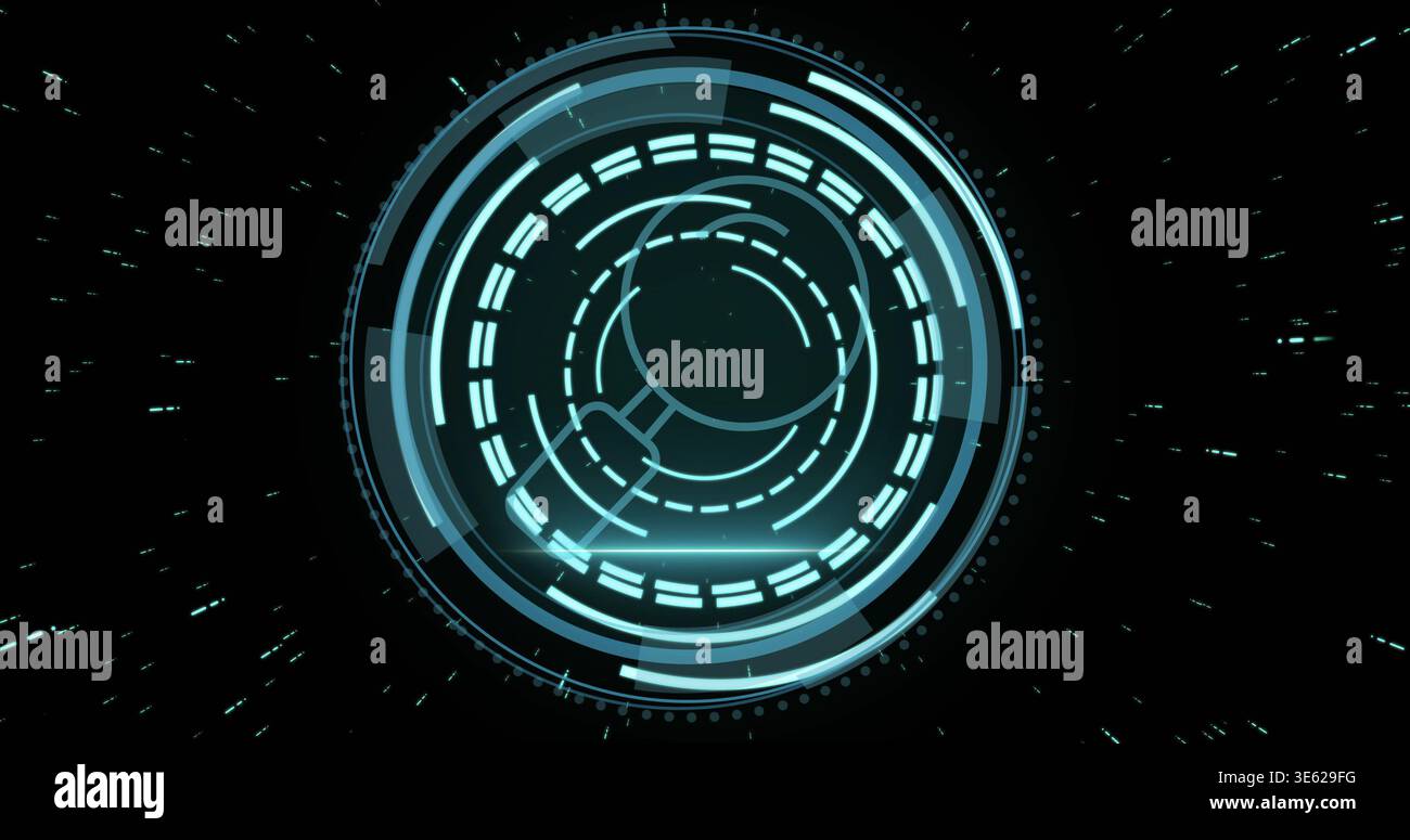 Displaying central holographic circular interface pulsing in virtual space, with concentric rings Stock Photo