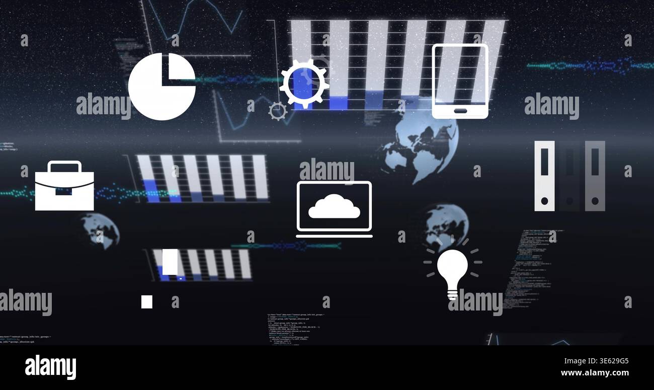 Displaying centered tech icon cluster in space backdrop showing pie-chart laptop-cloud code-streams Stock Photo