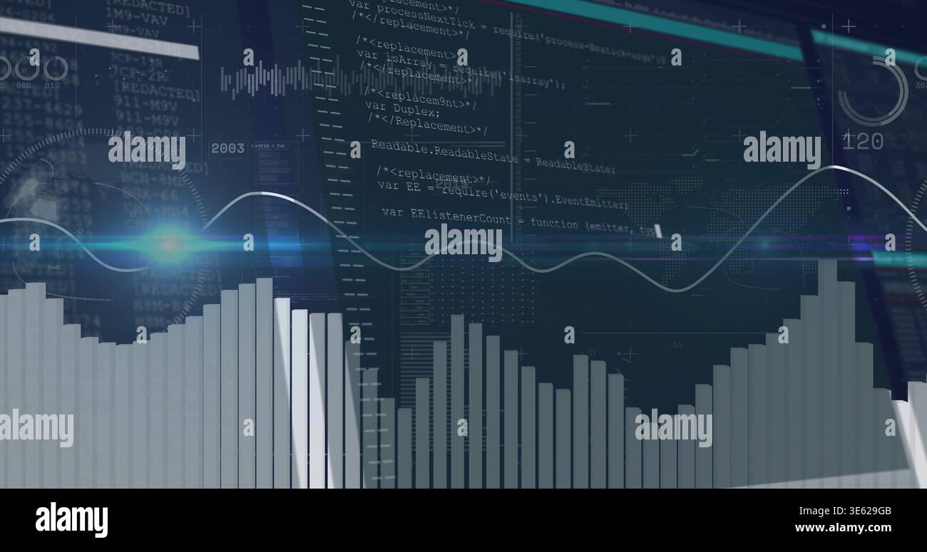 Displaying data dashboard showing vertical bar chart with glowing waveform on screen code panels Stock Photo