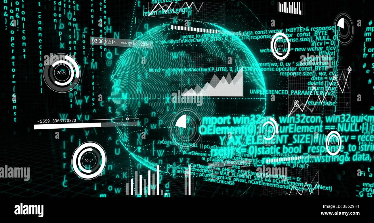 Rotating holographic globe glowing in virtual data dashboard, showing code streams and HUD dials Stock Photo