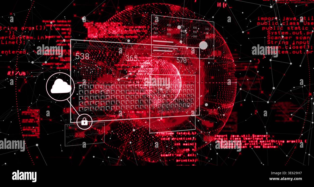 Showing red wireframe globe overlaying UI windows in cyberspace, featuring numeric labels padlock Stock Photo