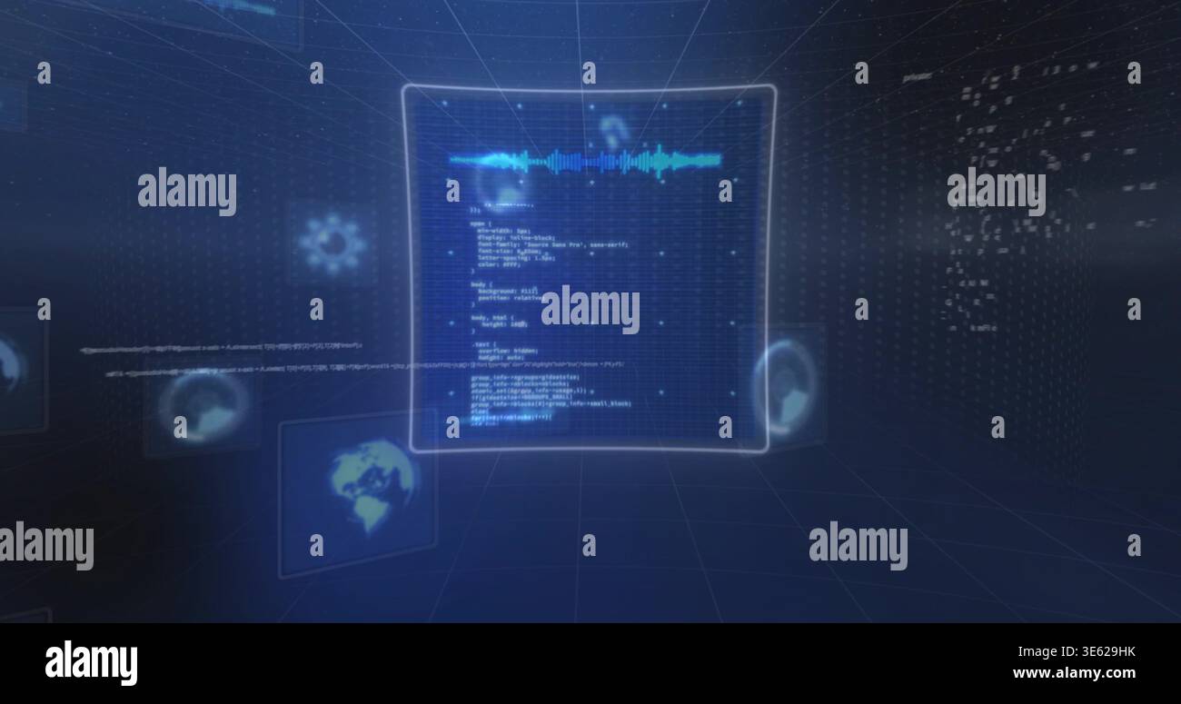 Displaying holographic panel floating in VR data space showing code waveform globe icons grid walls Stock Photo