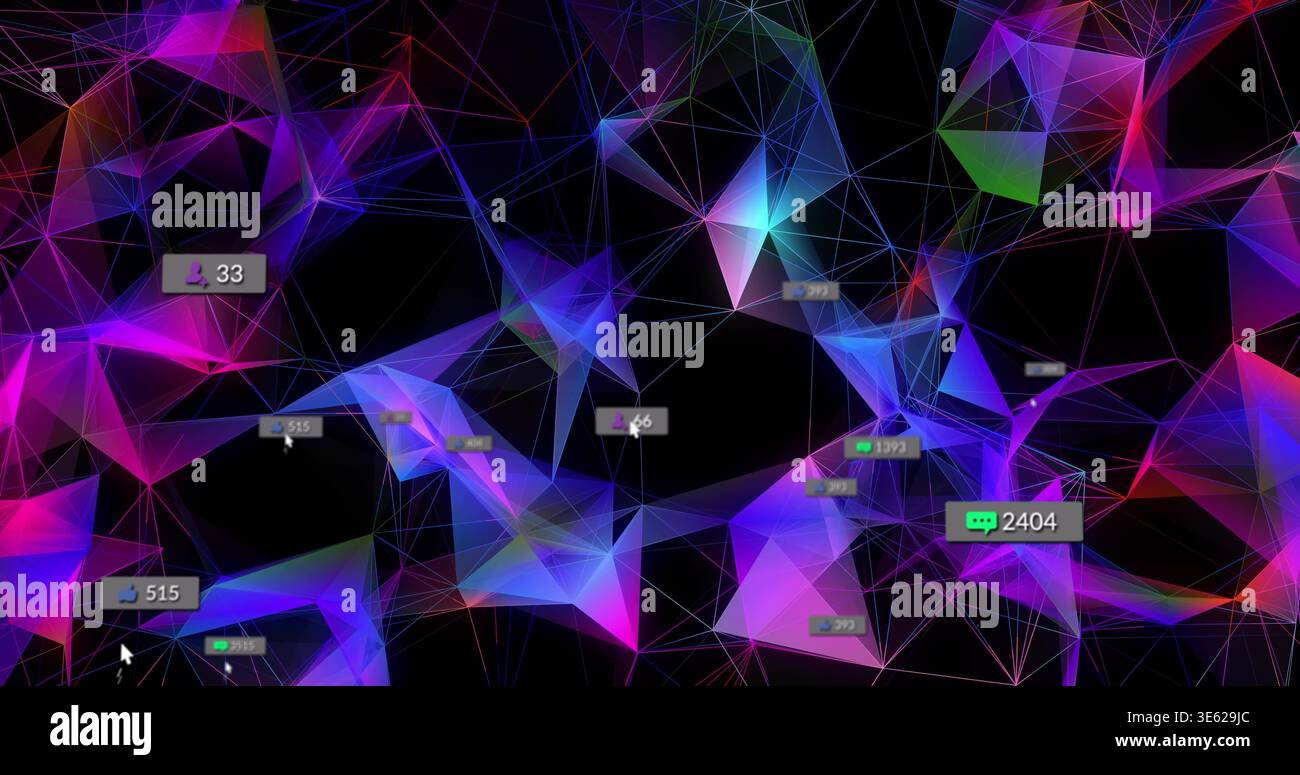 Rendering neon low-poly mesh with lines and floating UI badges on black backdrop, cursor appearing Stock Photo
