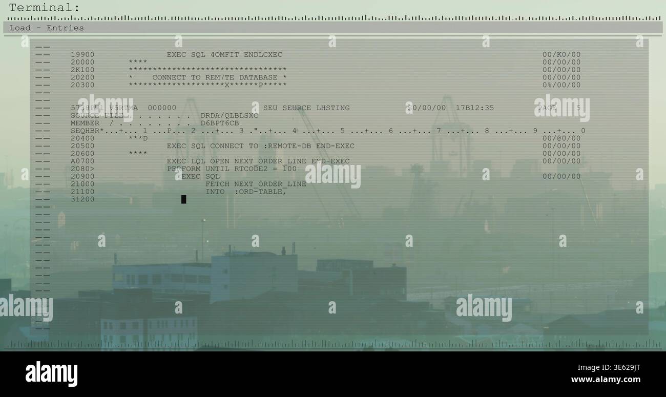 Displaying terminal showing code listing with column rulers, SQL and block cursor over port cranes Stock Photo